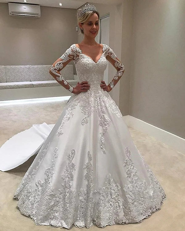 Elegant long sleeved dance dress with lace decal for women's wedding dress