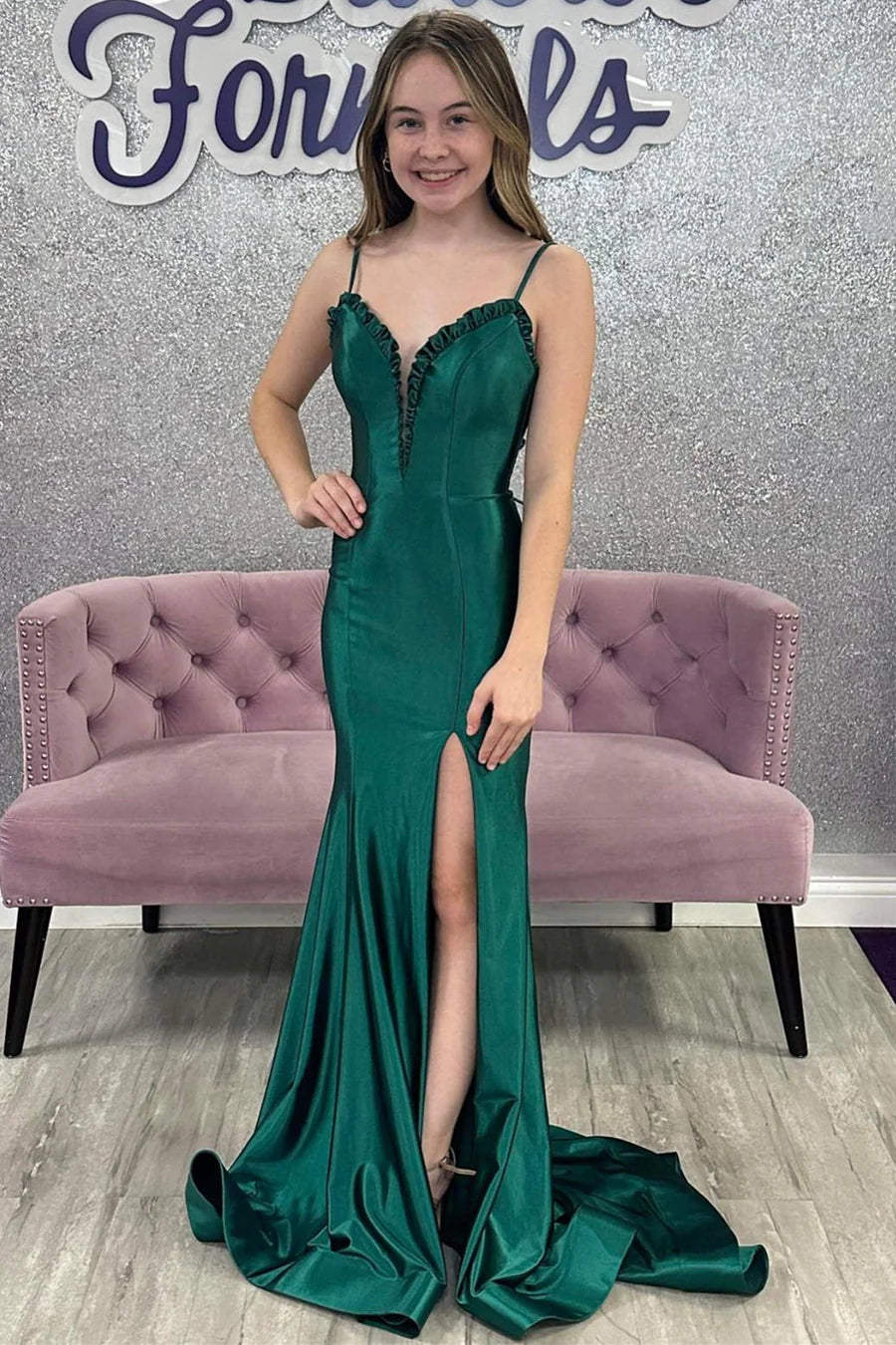 Lace up pleated mermaid long ball dress with slit