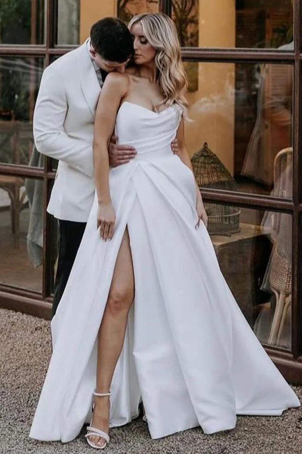 Simple A Line Sweetheart White Long Wedding Dress with Split Front