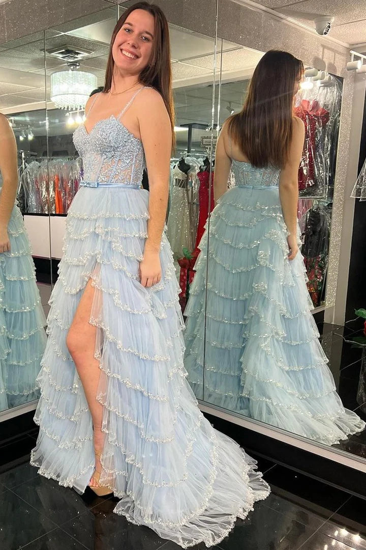 Lace bead pleated layered long ball dress with slit