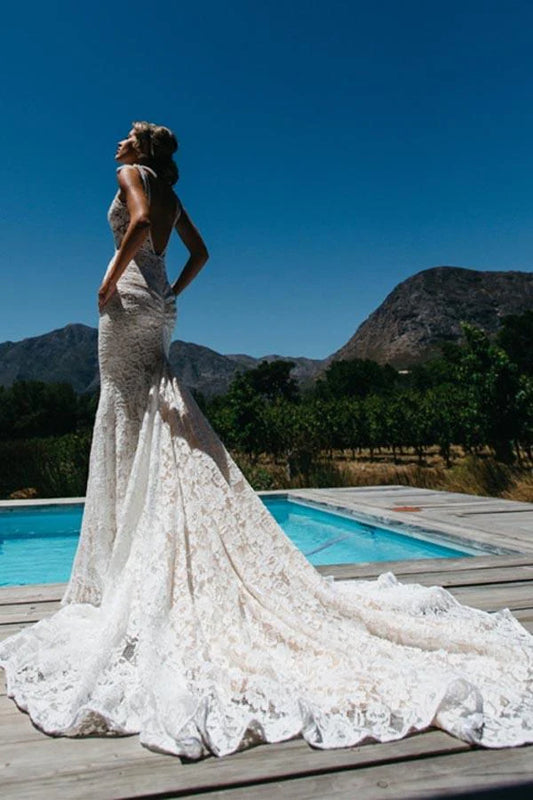 V-neck sleeveless backless lace applique wedding dress