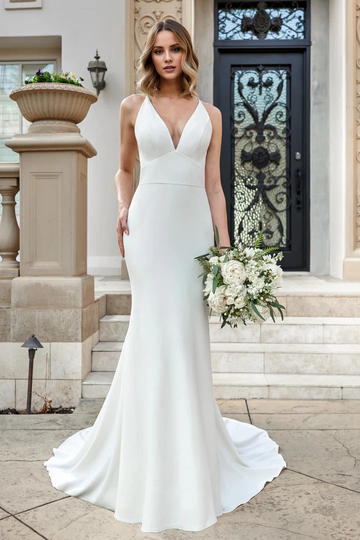 Deep V-neck crepe slim fit horn and floor length wedding dress