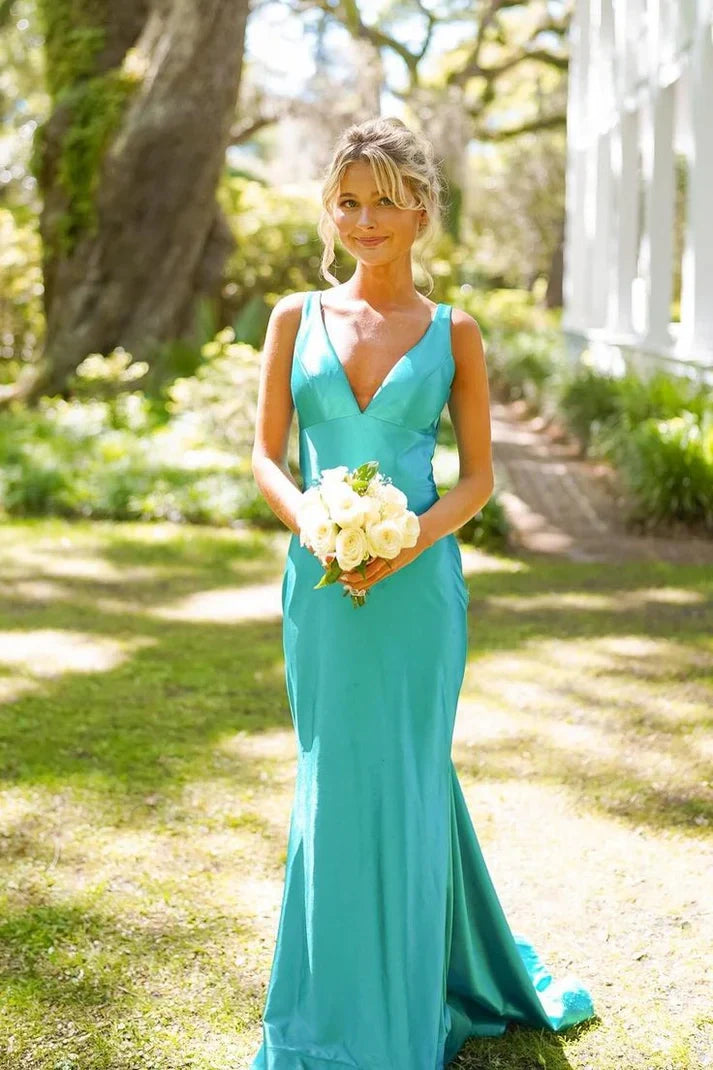 Simple Mermaid V Neck Green Long Prom Dress with Open Back