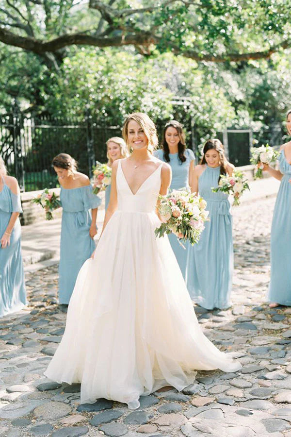 Thin strap backless V-neck beach wedding dress