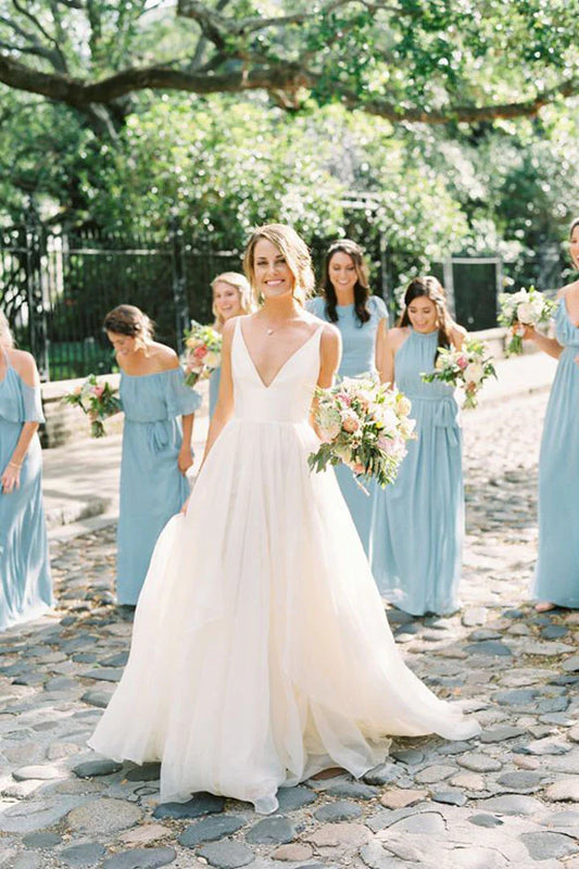 Thin strap backless V-neck beach wedding dress
