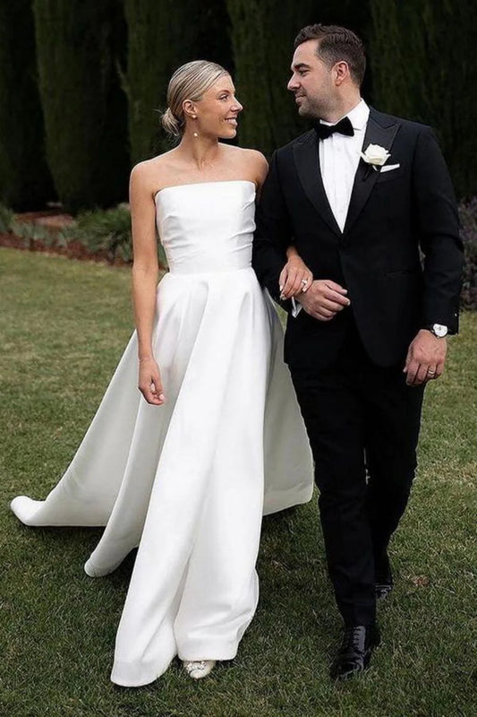 Simple A Line Strapless White Long Bridal Dress with Train