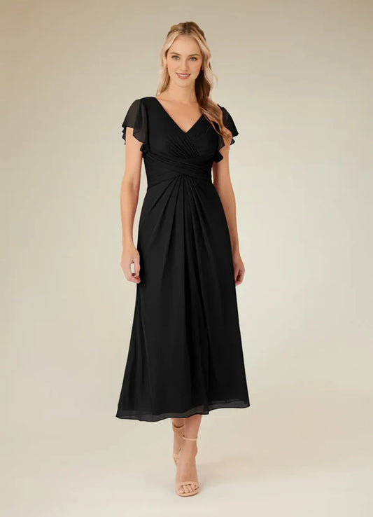 Eucalyptus tree A-line V-neck pleated mesh tea long mother of bride dress