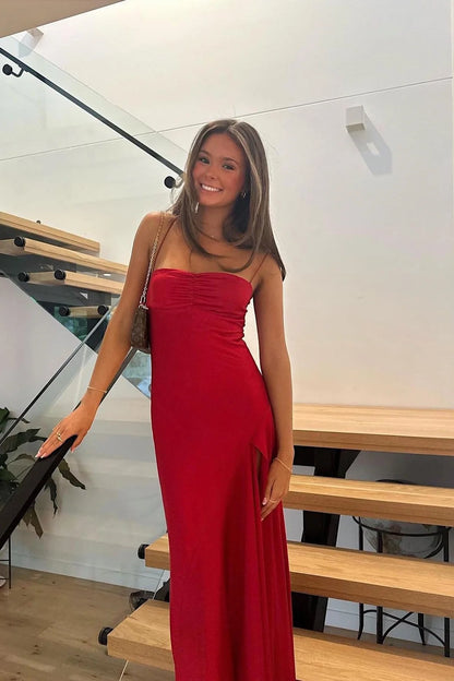 Simple Sheath Spaghetti Straps Pink Long Party Dress with Split Front Prom Dress