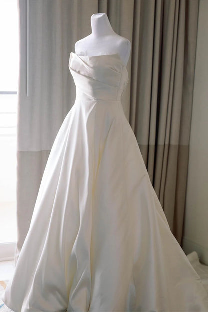 Elegant A Line Strapless White Sating Long Wedding Dress with Split Front