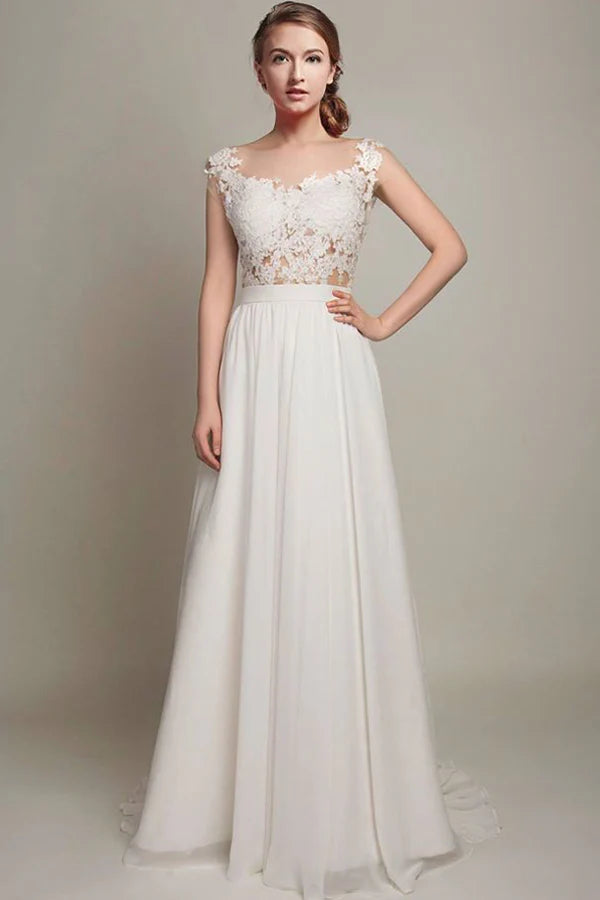 Elegant lace chiffon long A-line sleeveless backless beach wedding dress bride