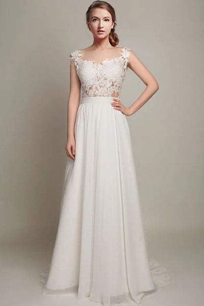 Elegant lace chiffon long A-line sleeveless backless beach wedding dress bride