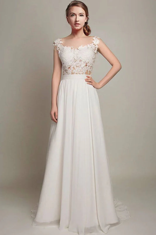 Elegant lace chiffon long A-line sleeveless backless beach wedding dress bride