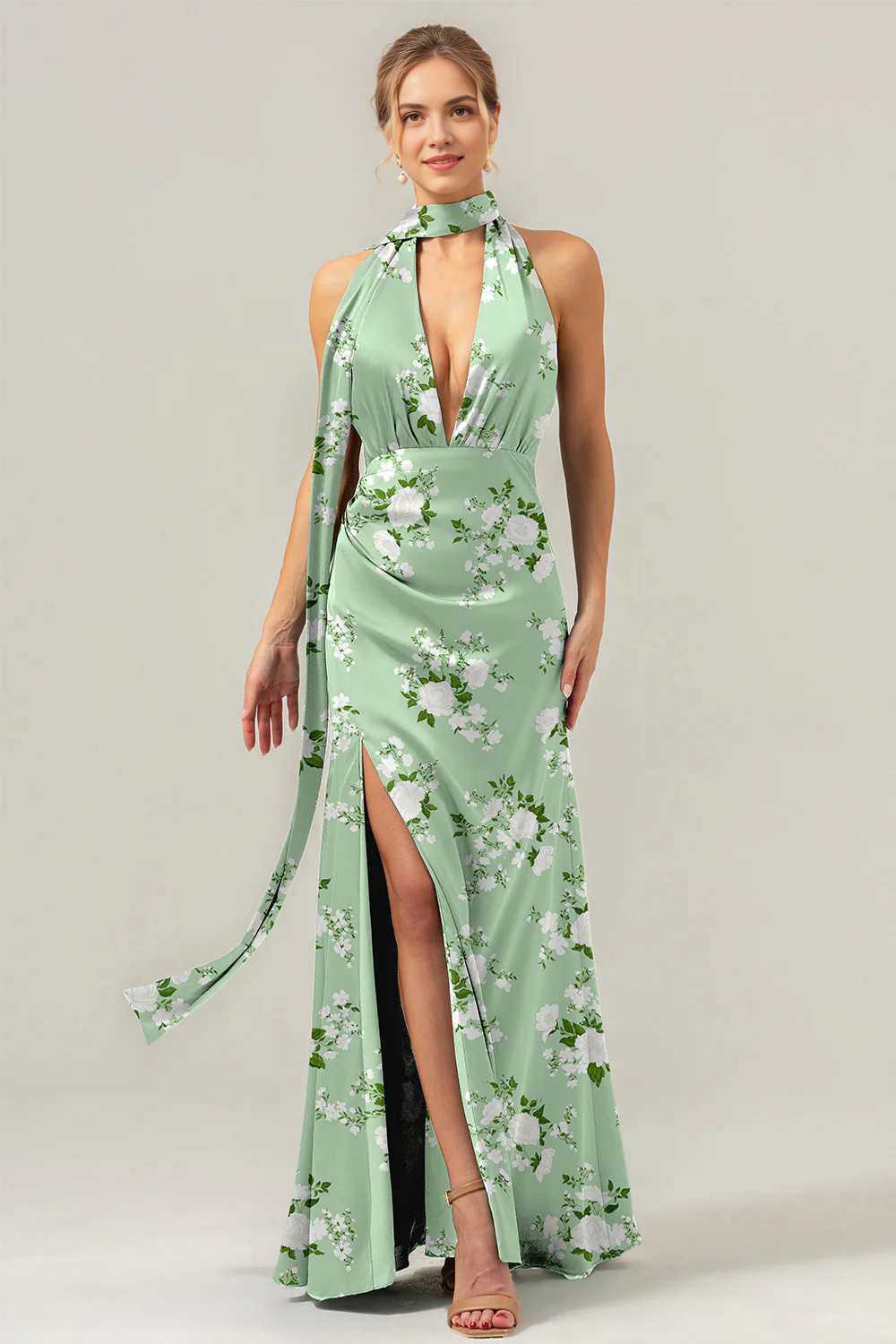 Flower sheath deep V-neck backless satin bridesmaid dress