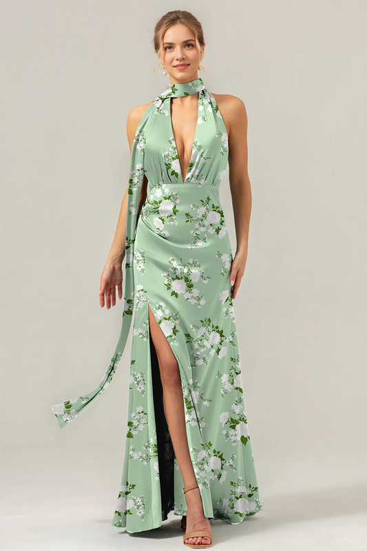 Flower sheath deep V-neck backless satin bridesmaid dress