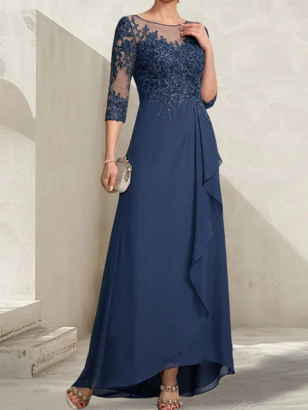 A-line Scoop Illusion Asymmetrical Lace Chiffon Mother of the Bride Dress With Sequins Cascading Ruffles