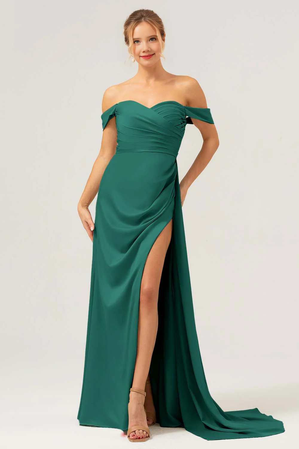Fashionable mermaid off shoulder pleated satin long bridesmaid dress with slit