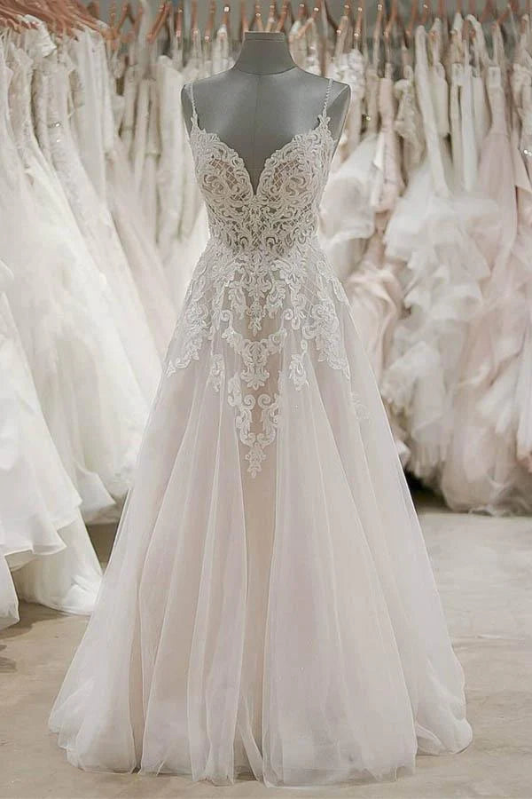 Thin strap V-neck sleeveless backless lace applique wedding dress