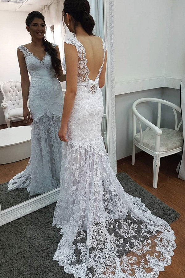 V-neck sleeveless backless lace wedding dress