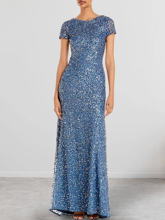 Round neck short sleeved sequined tight fitting long bridal gown