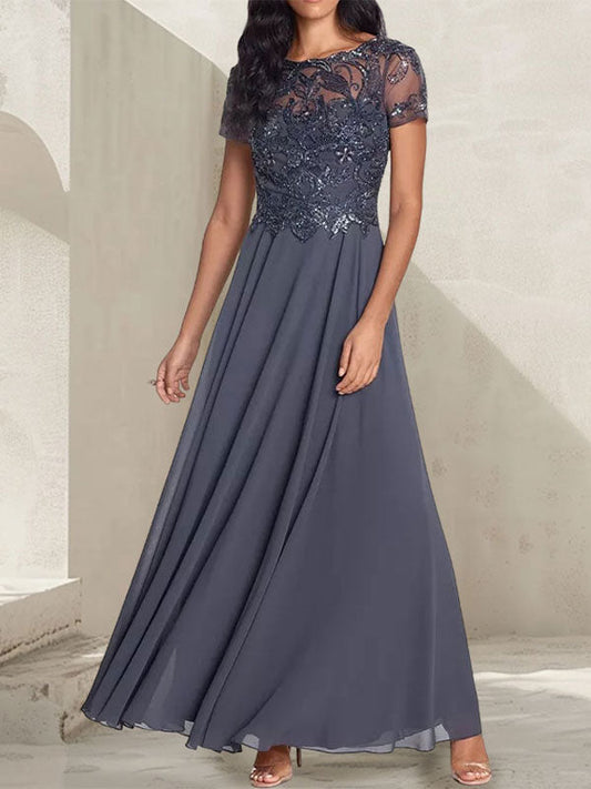 A-line short sleeved long bridal mother dress