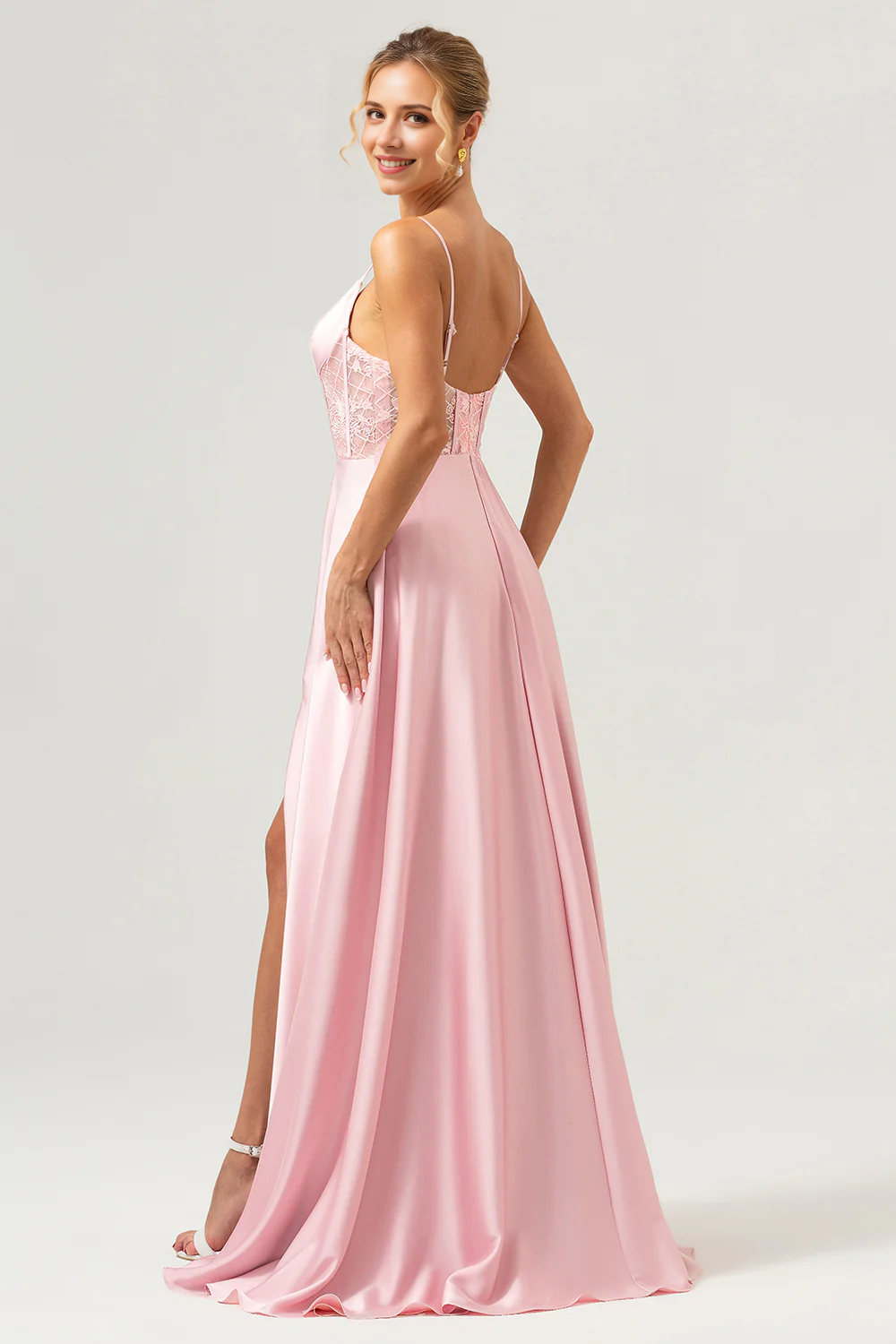 Elegant A-line satin thin shoulder strap tight corset long bridesmaid dress with slit