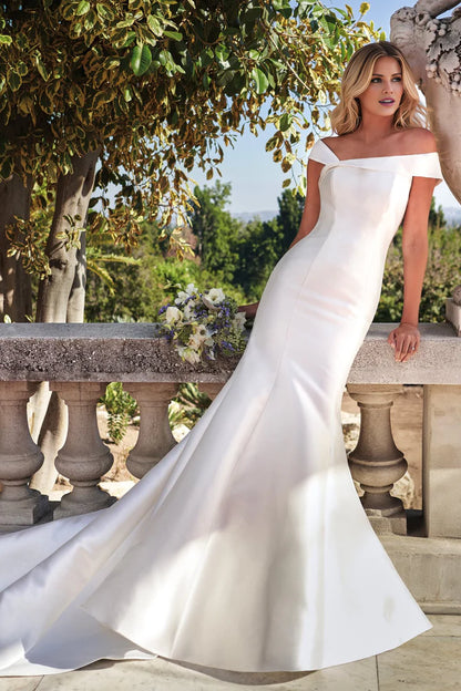Mermaid asymmetrical neckline satin and floor length wedding dress