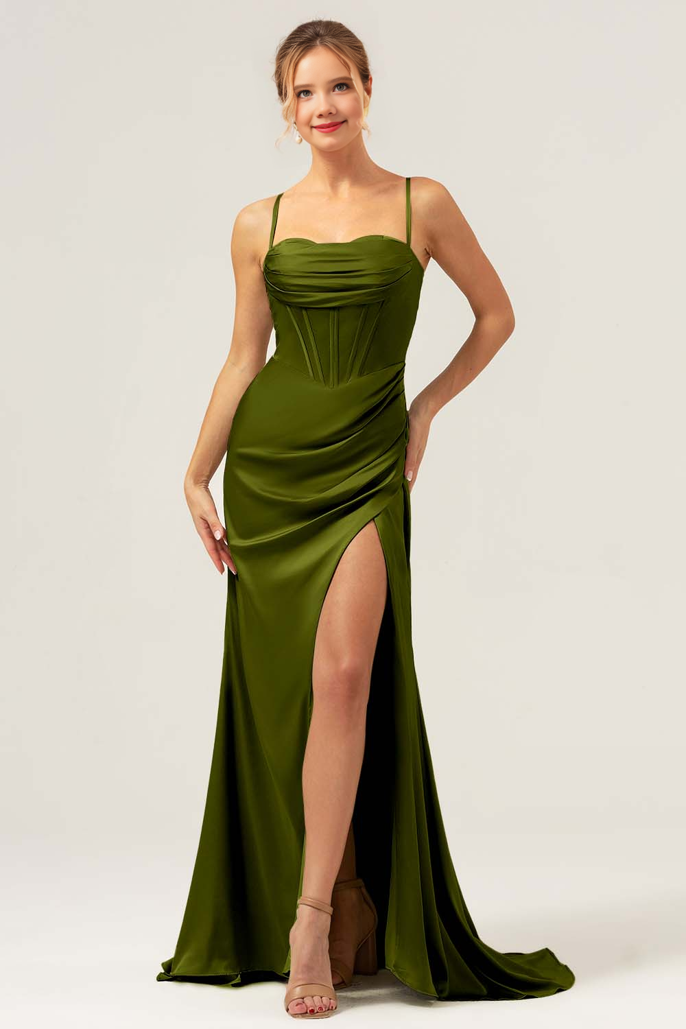 Collar pleated satin bridesmaid dress with slit
