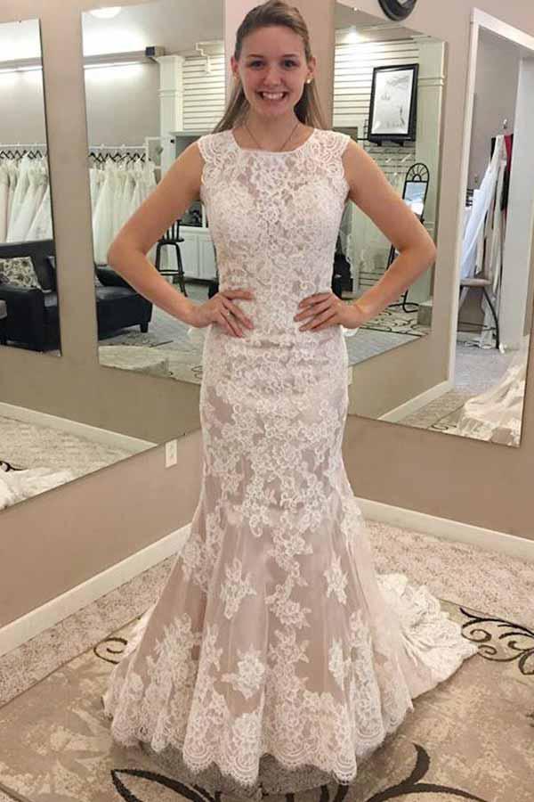 Mermaid Round Neck Lace Patch Flower Dew Back Wedding Dress