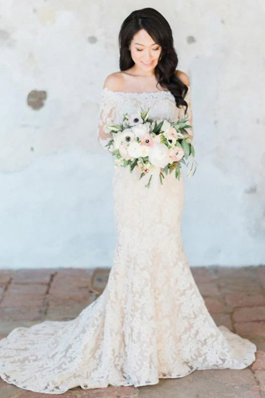 Mermaid long sleeved off shoulder lace wedding dress