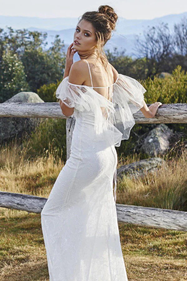 White minimalist sleeveless chiffon beach wedding dress