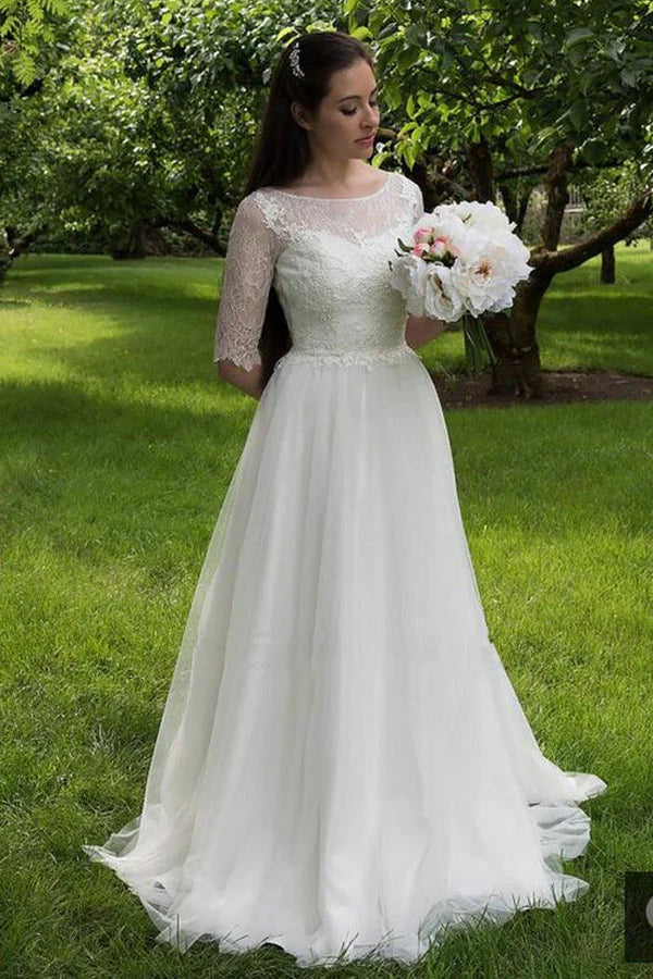 A-line half sleeved lace beach wedding dress