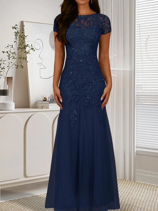 Mermaid round neck sequined chiffon dress long