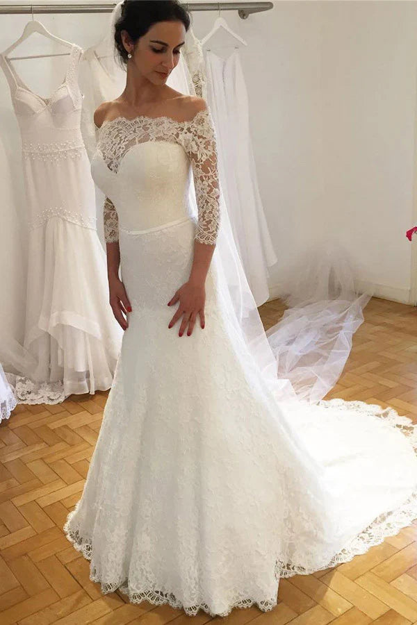 Elegant formal off shoulder lace ribbon sleeve wedding dress