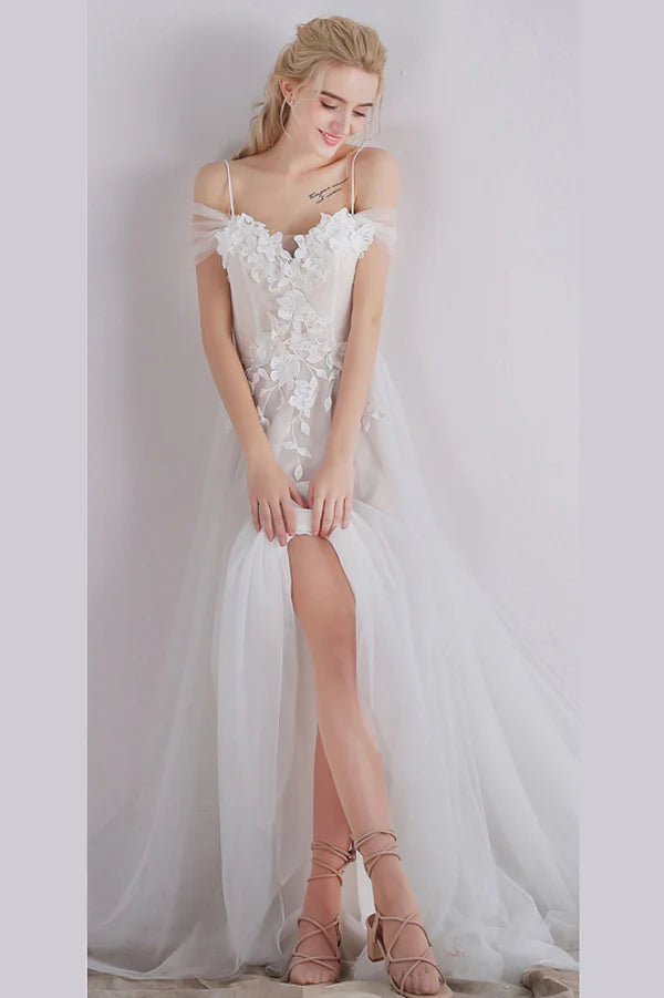Thin suspender A-line side slit decal beach wedding dress