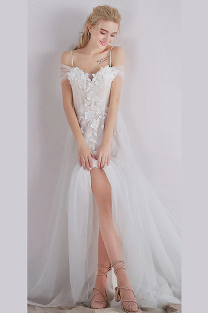 Thin suspender A-line side slit decal beach wedding dress