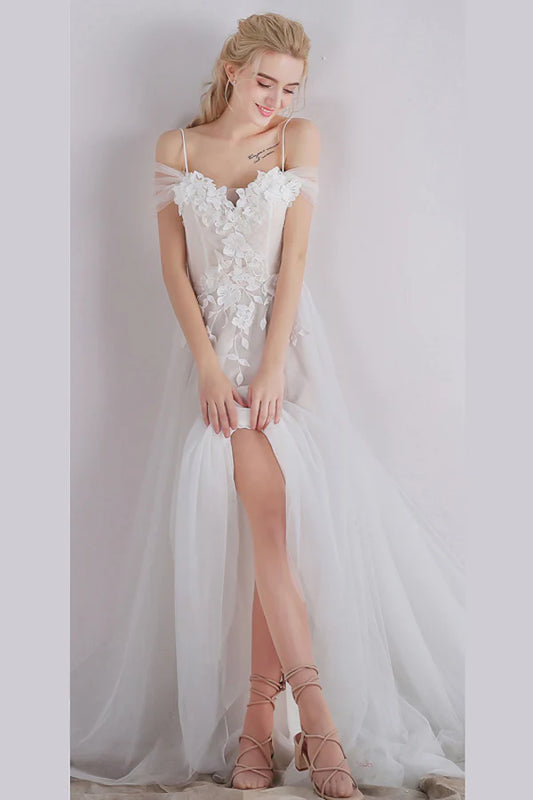 Thin suspender A-line side slit decal beach wedding dress