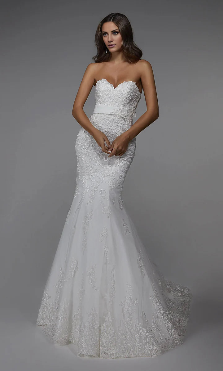 Thin lace strapless fishtail backless satin belt and floor length wedding dresses