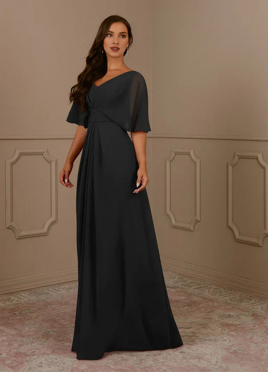 A-line V-neck pleated chiffon and floor length mother of bride dress