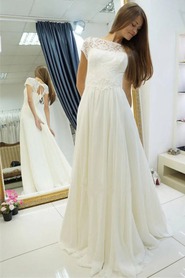 A-line transparent collar short sleeved beach wedding dress