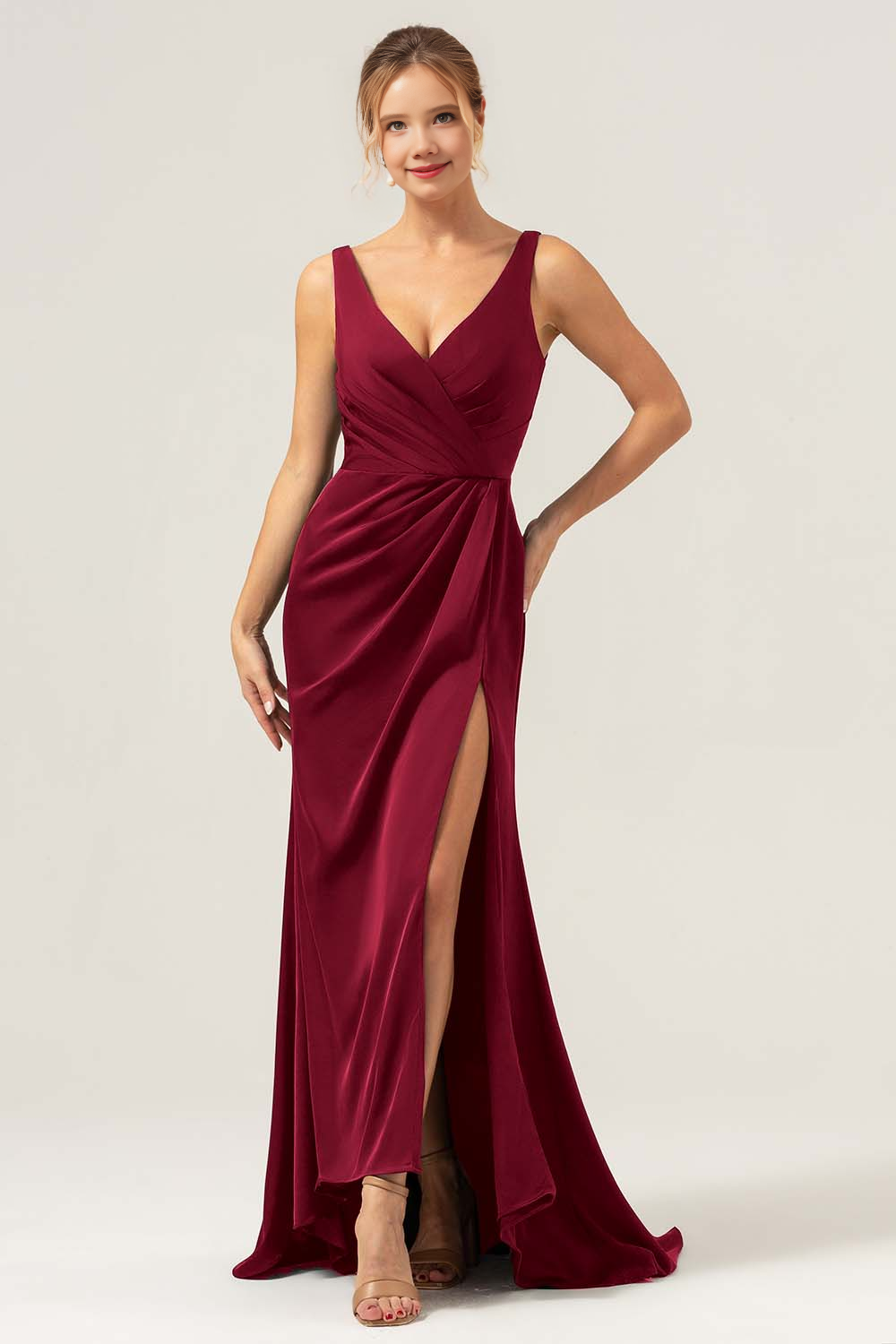 Mermaid V-neck pleated high-low satin bridesmaid dress with slit
