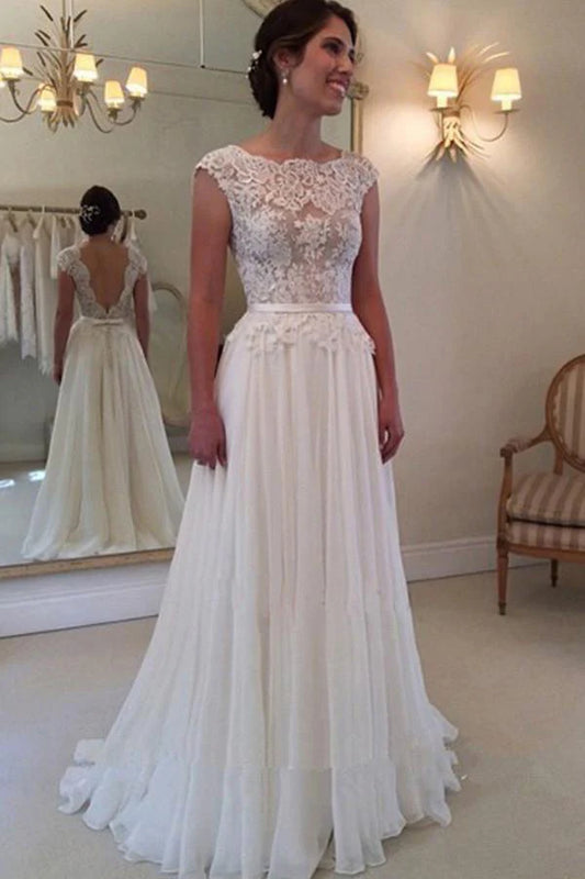 A-line backless chiffon beach wedding dress
