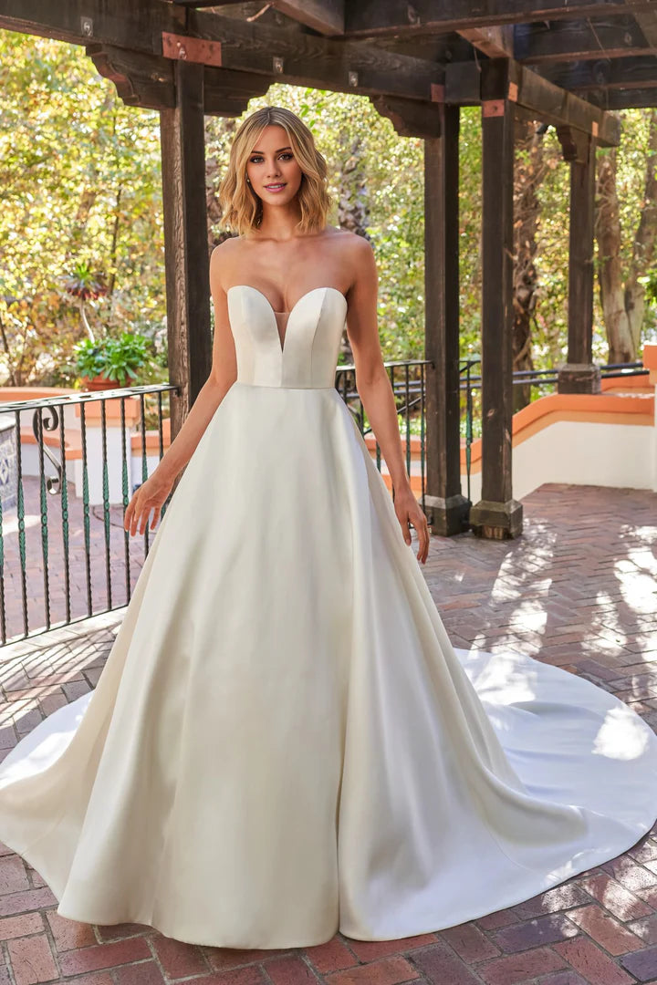 Simple deep V-neck strapless and floor length wedding dress