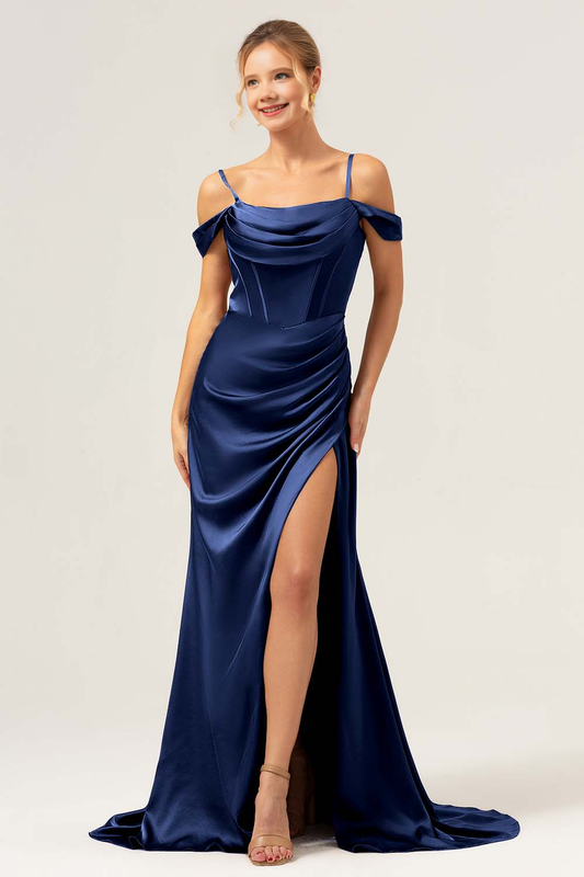 Mermaid cold shoulder pleated long satin bridesmaid dress with slit