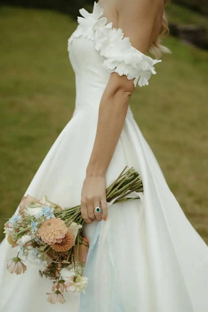 Gorgeous A Line Off the Shoulder White Bridal Dress with Flowers