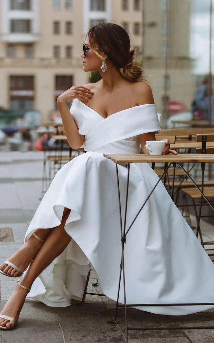 Retro off shoulder short wedding dress A-line satin bridal gown