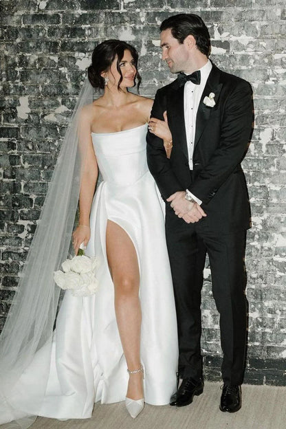 Elegant A Line Strapless White Long Bridal Dress with Split Front