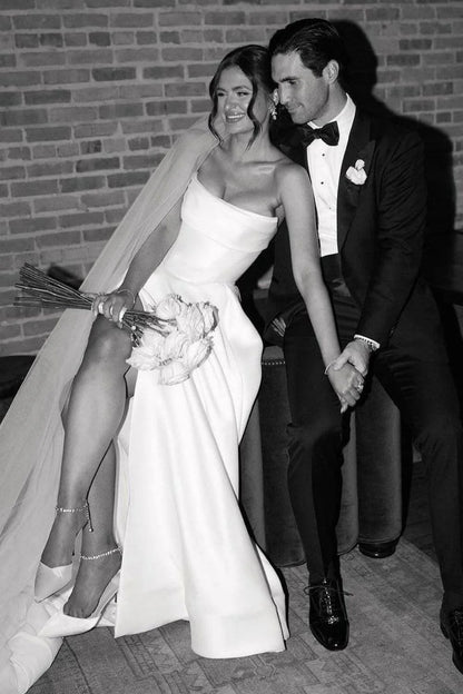 Elegant A Line Strapless White Long Bridal Dress with Split Front