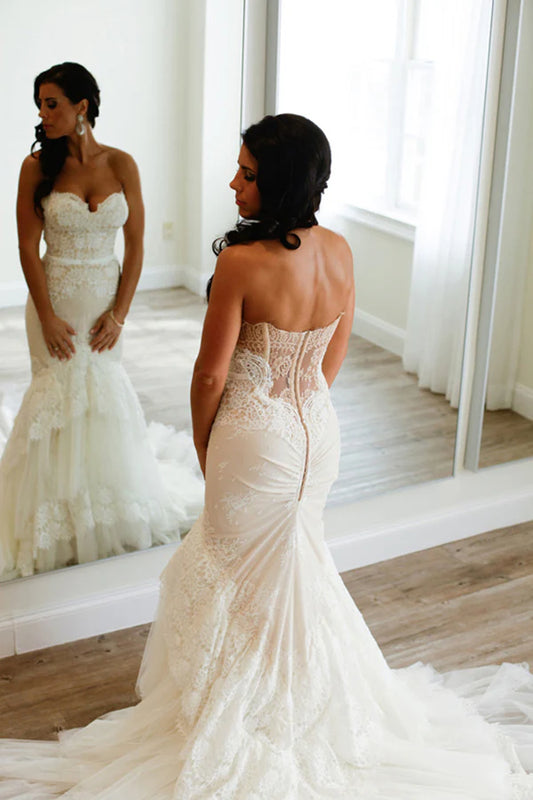 Romantic Sweetheart Mermaid Strapless Lace Chiffon Wedding Dress