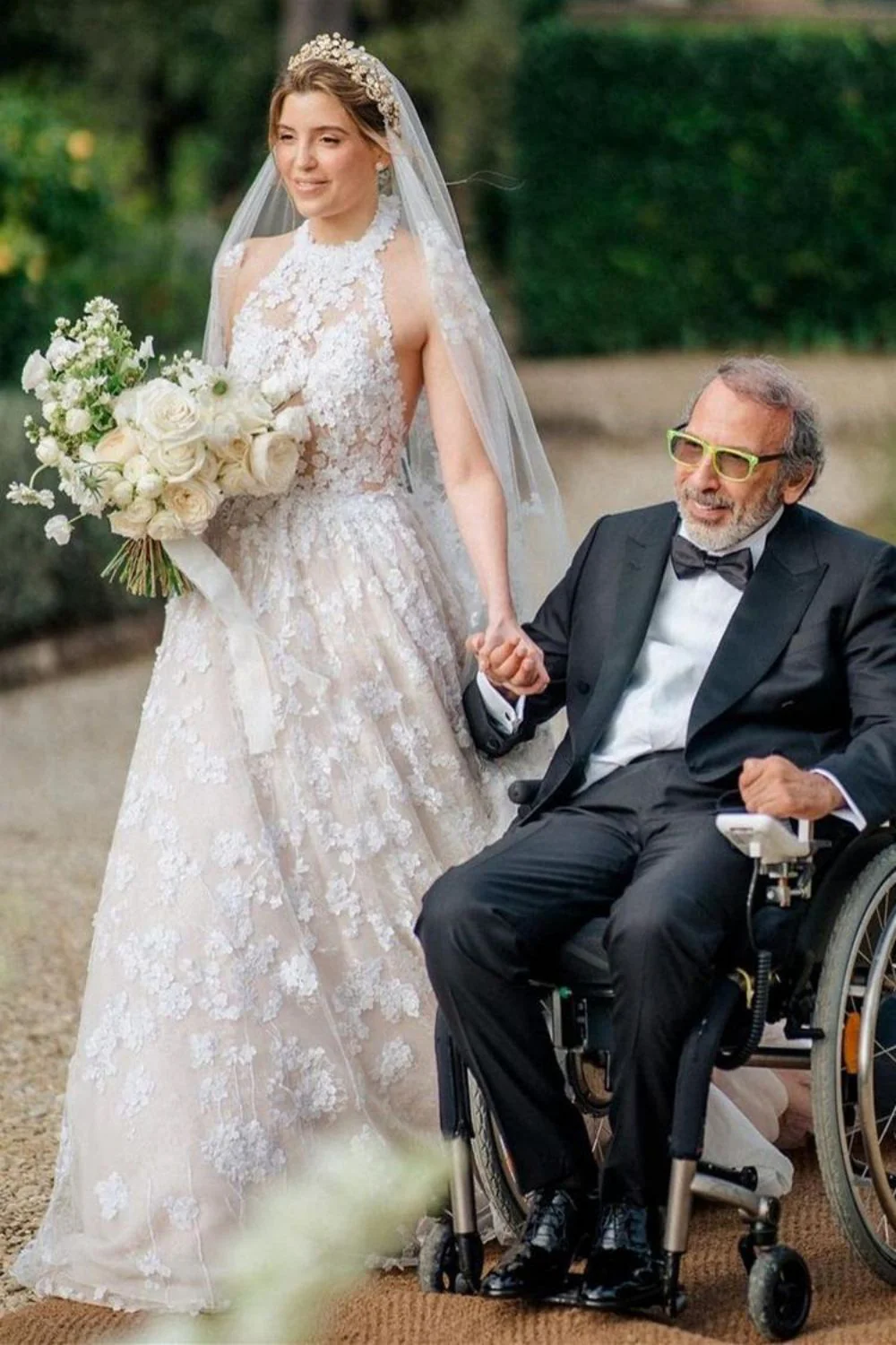 Luxurious A Line Halter Neck Light Champagne Long Prom Dress with Appliques