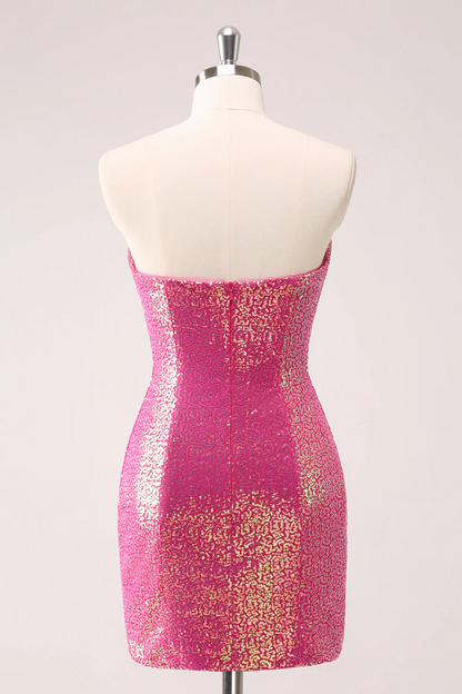 Sparkly Fuchsia Bodycon Strapless Hollow Out Sequins Short Homecoming Dress with Slit